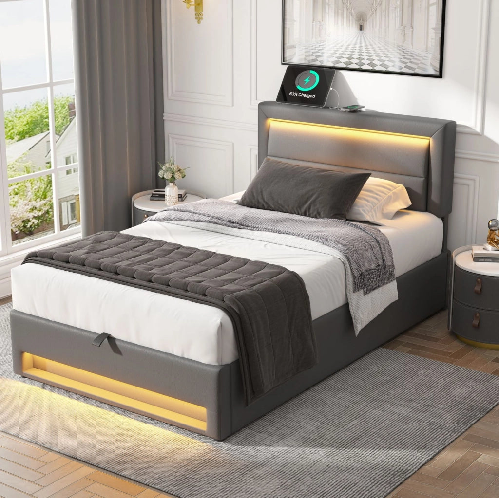 Letto imbottito con LED, ricarica USB e vano contenitore 90 x 190 cm grigio