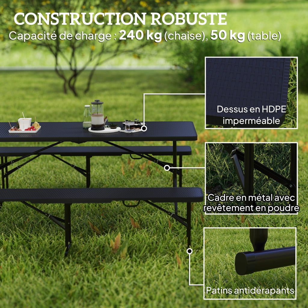 Tavolo da pranzo pieghevole con panche ¨C zephmum ¨C effetto rotin nero 180 cm