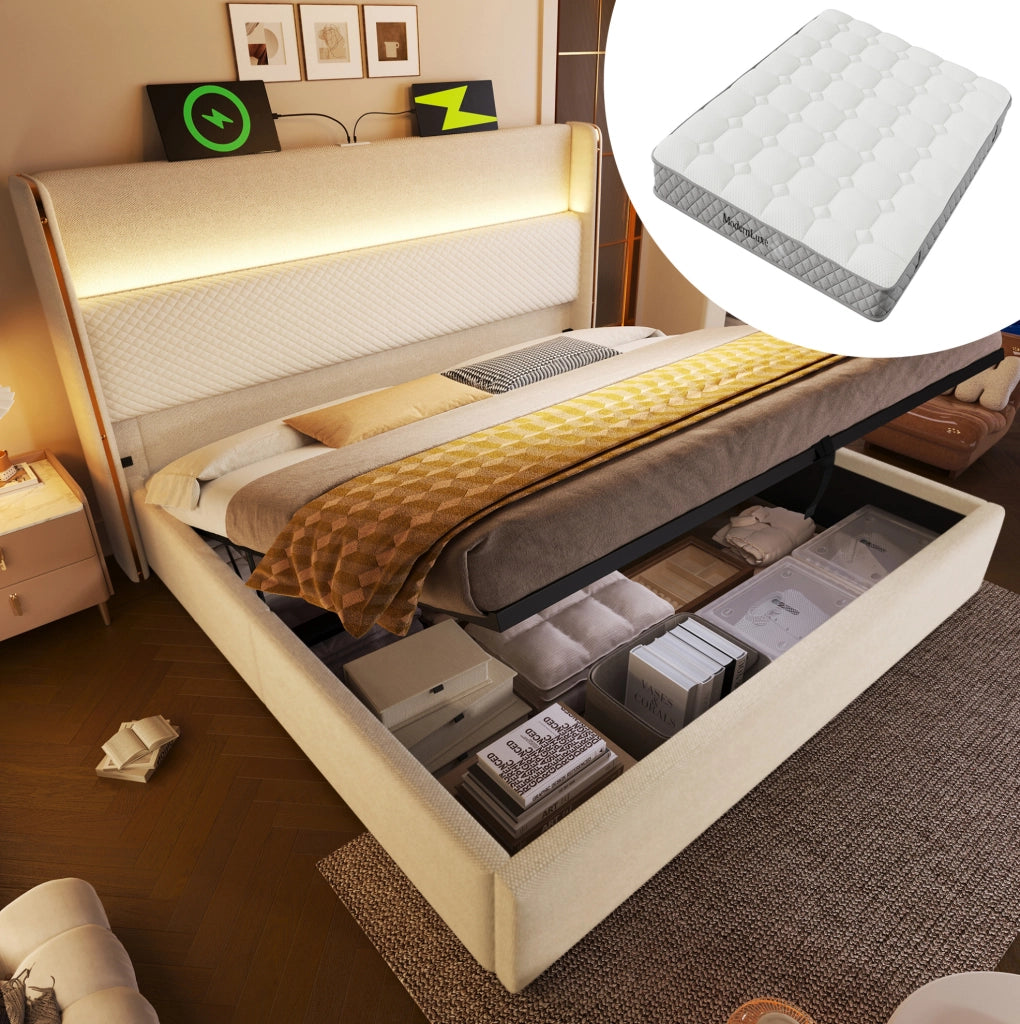Letto matrimoniale 180x200 cm con contenitore idraulico; LED; USB/Type-C e materasso; beige