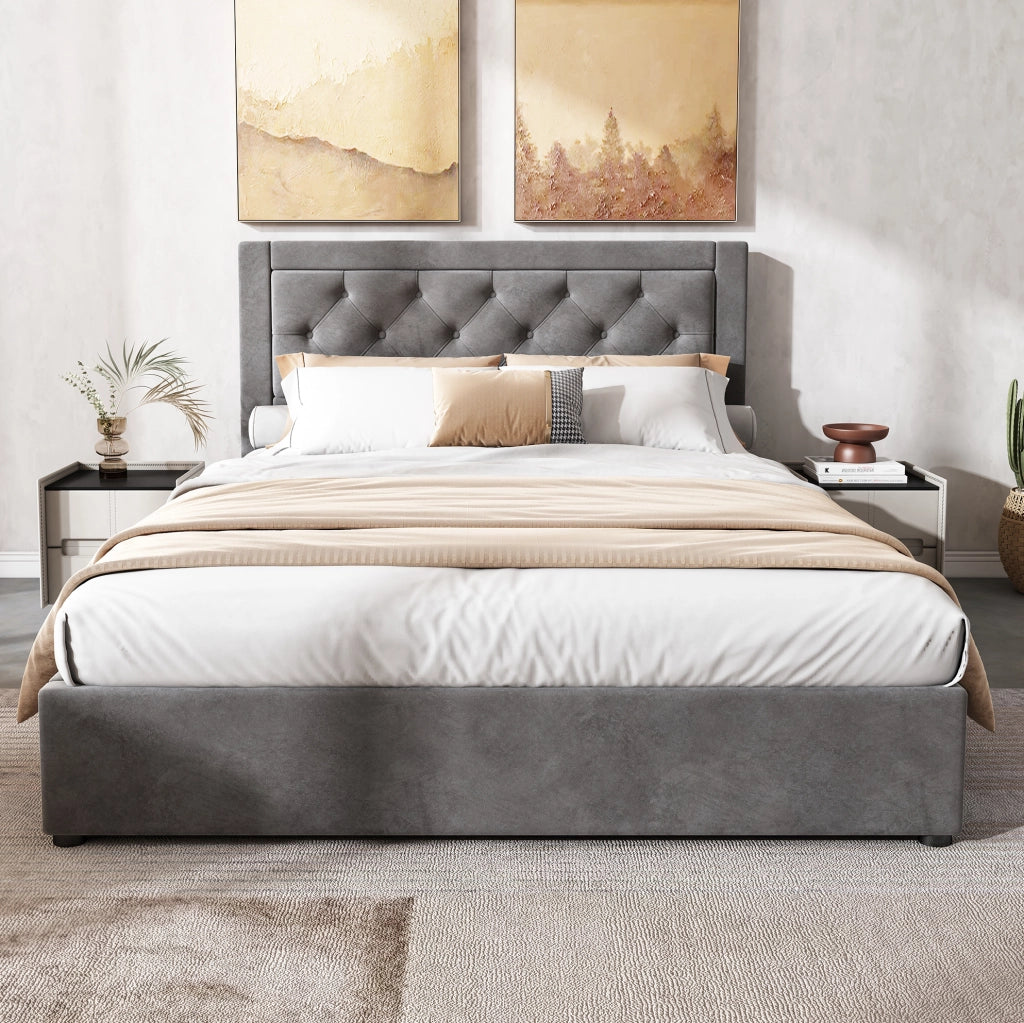 Letto imbottito con contenitore 140x200 cm in velluto grigio; struttura in acciaio