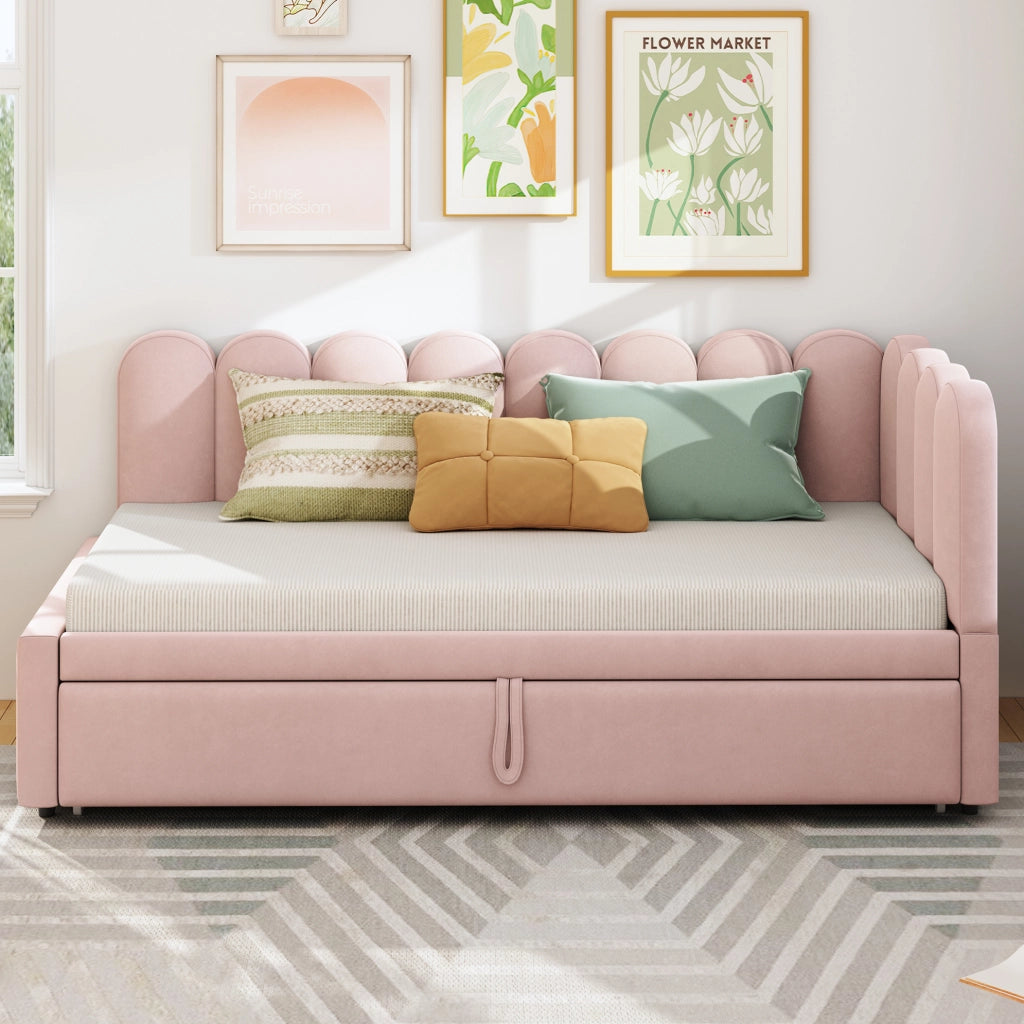 Divano letto 90x200 cm; estraibile a L; tessuto effetto velluto; rosa