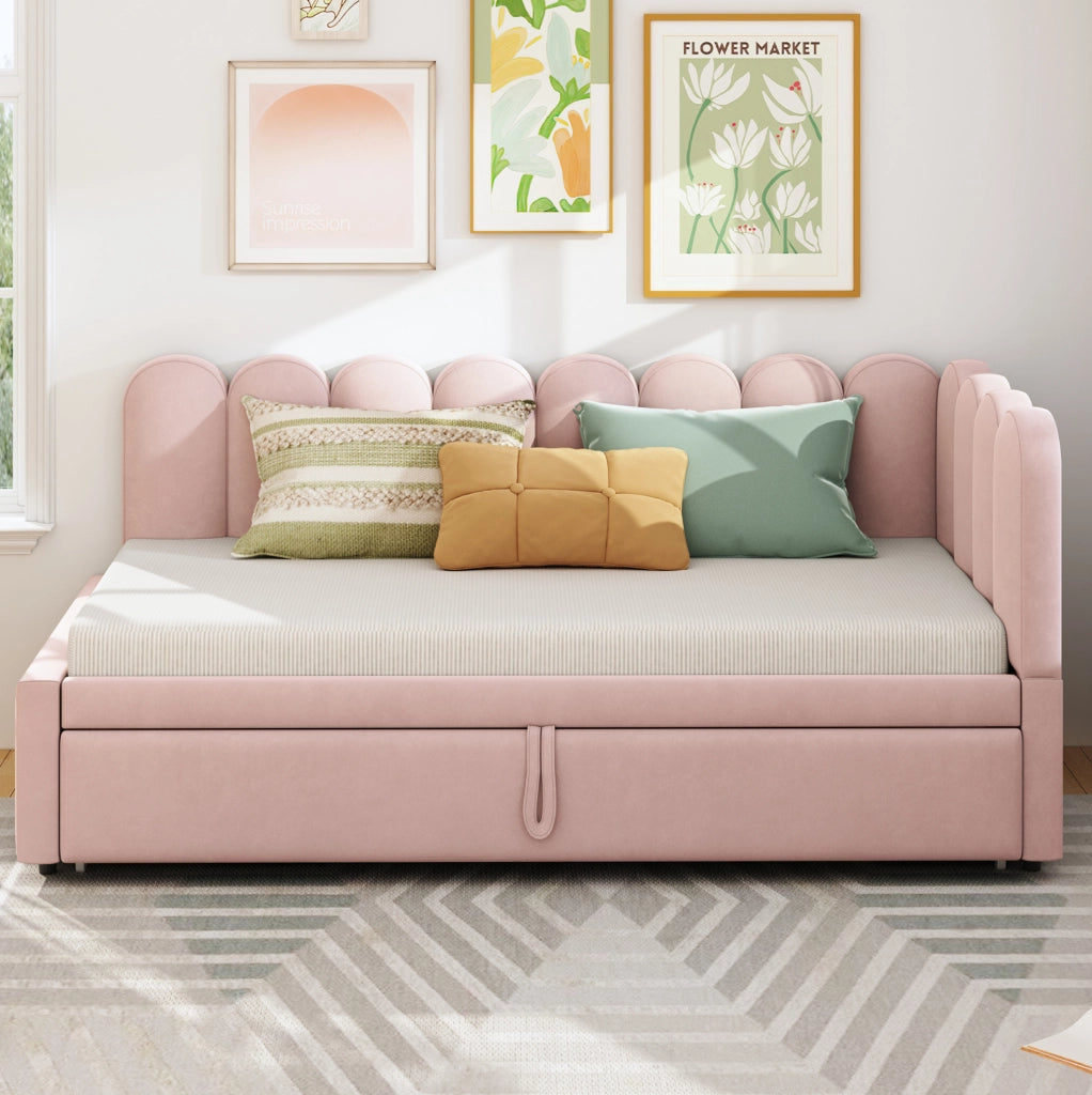 Divano letto 90x200 cm; estraibile a L; tessuto effetto velluto; rosa