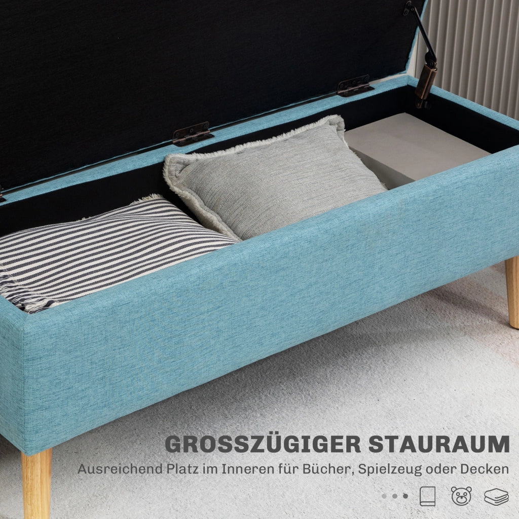 Panca contenitore scandinava con seduta imbottita e vano interno in poliestere blu per ingresso e camera 110 × 39 × 45 cm