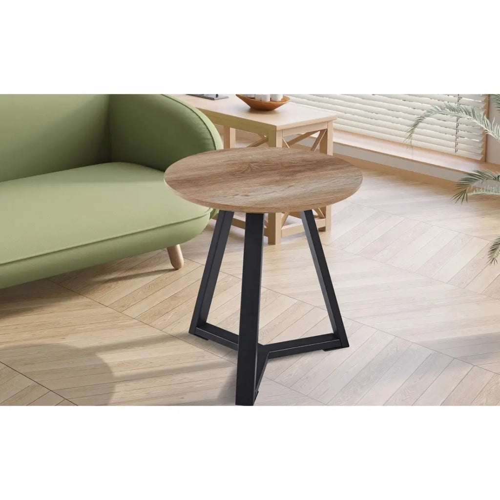 Tavolino basso rotondo PASAO – Legno di rovere invecchiato e metallo nero – Stile rustico