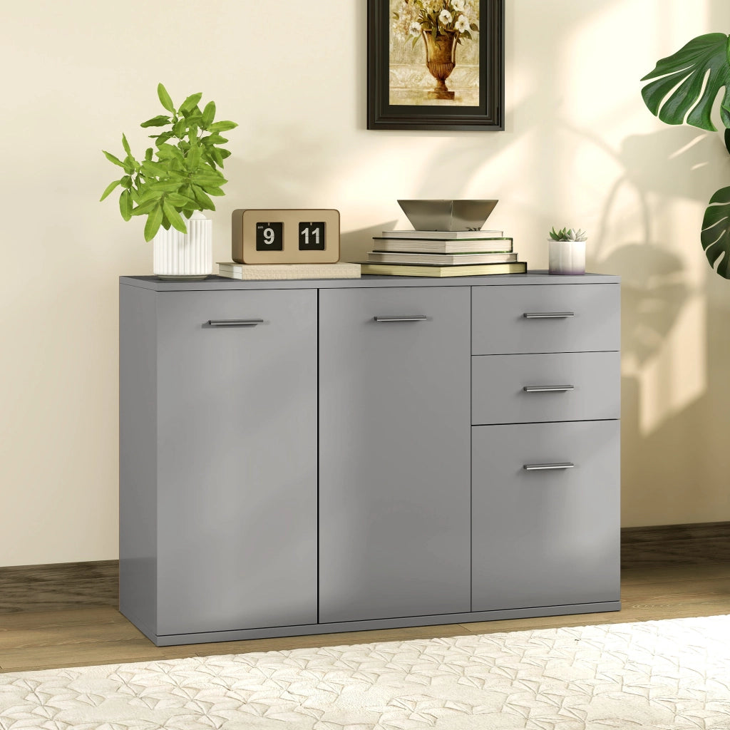 Credenza Moderna con 3 Armadietti e 2 Cassetti, in Legno, 106x35x76 cm, Grigio Chiaro