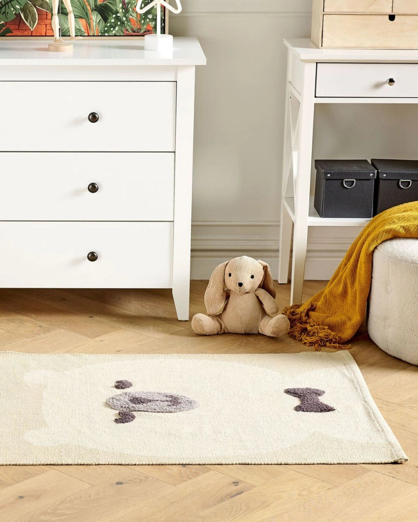 Tappeto per bambini in cotone con motivo orso 80 x 150 cm tessuto a mano beige cameretta camera per bambini