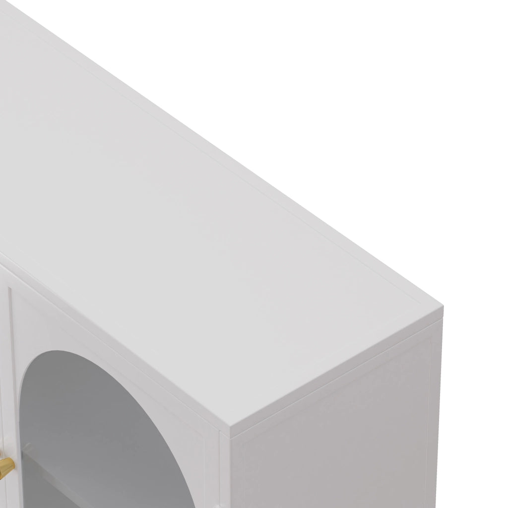 Mobile contenitore con 4 ante in vetro e metallo per cucina e soggiorno; 120×23×70 cm; bianco