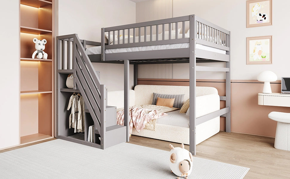 DESMIU Letto a soppalco 2 posti con scala contenitore e sponda alta 140 × 200 cm senza materasso grigio