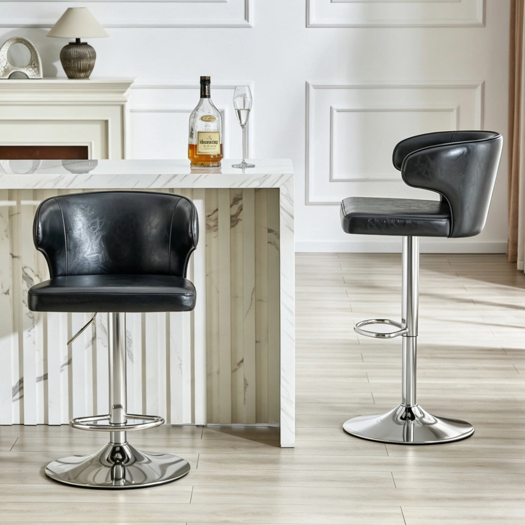 Sgabello da bar girevole con altezza regolabile, schienale ergonomico e poggiapiedi in pu nero 70.5 × 56.0 × 55.5 cm