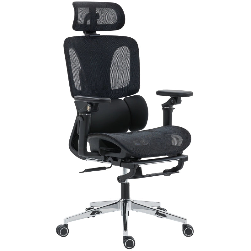 Sedia da ufficio ergonomica con supporto lombare e poggiatesta regolabili, braccioli 6D, poggiapiedi in rete nera