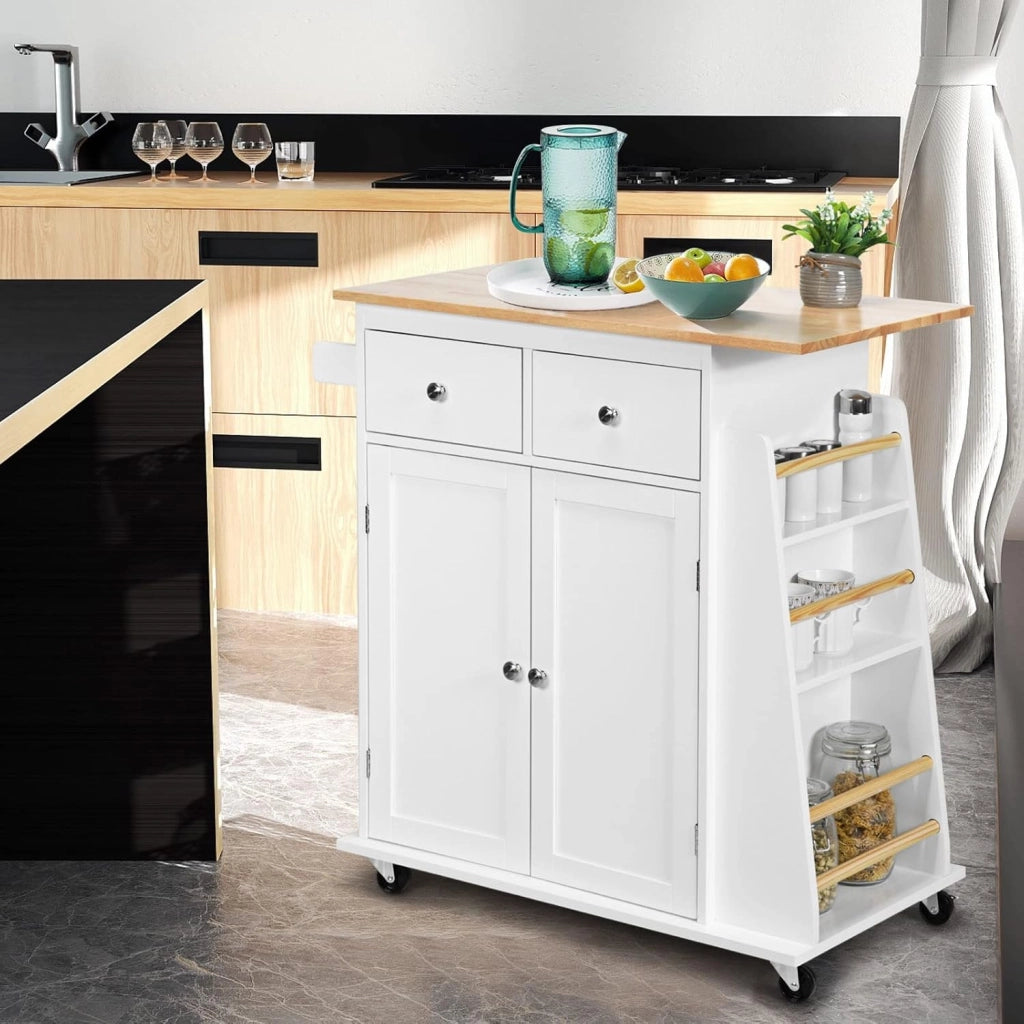 Carrello di Servizio Cucina con Ruote, 2 Cassetti e Portaspezie, Portasciugamani e 2 Porte, Ideale per Casa Ristorante e Bar, MDF + legno di gomma 88x45x89,5 cm (Bianco)