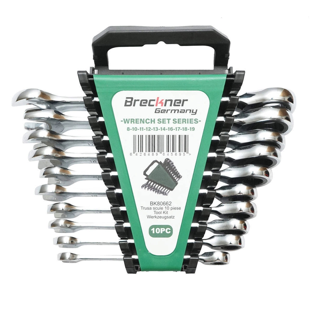 Set di chiavi combinate fisse e inelari con cricchetto 8-19mm, 10 pezzi, Breckner Germany