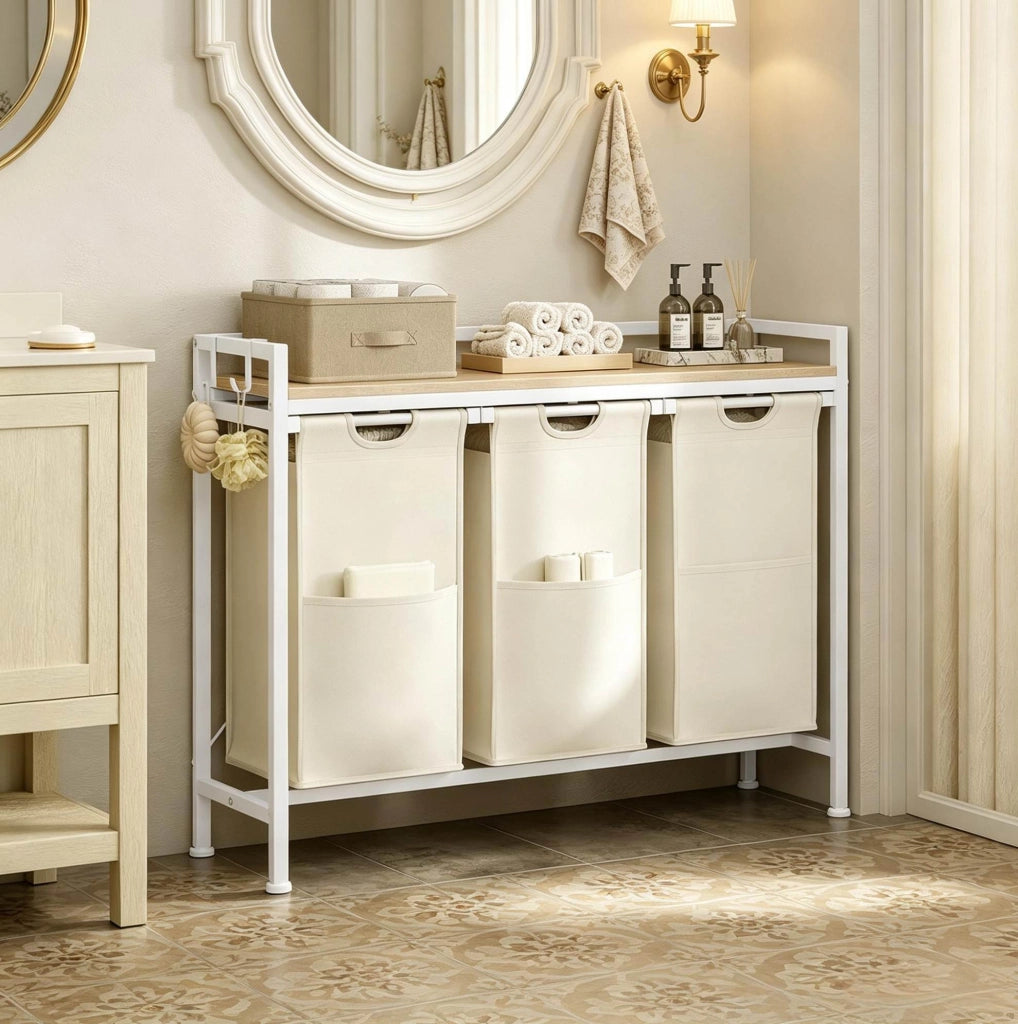 Portabiancheria con 3 Cestini Rimovibili in Legno e Metallo, Organizer Compatto per Bagno e Camera, 96x30x71 cm, Quercia Chiara e Bianco