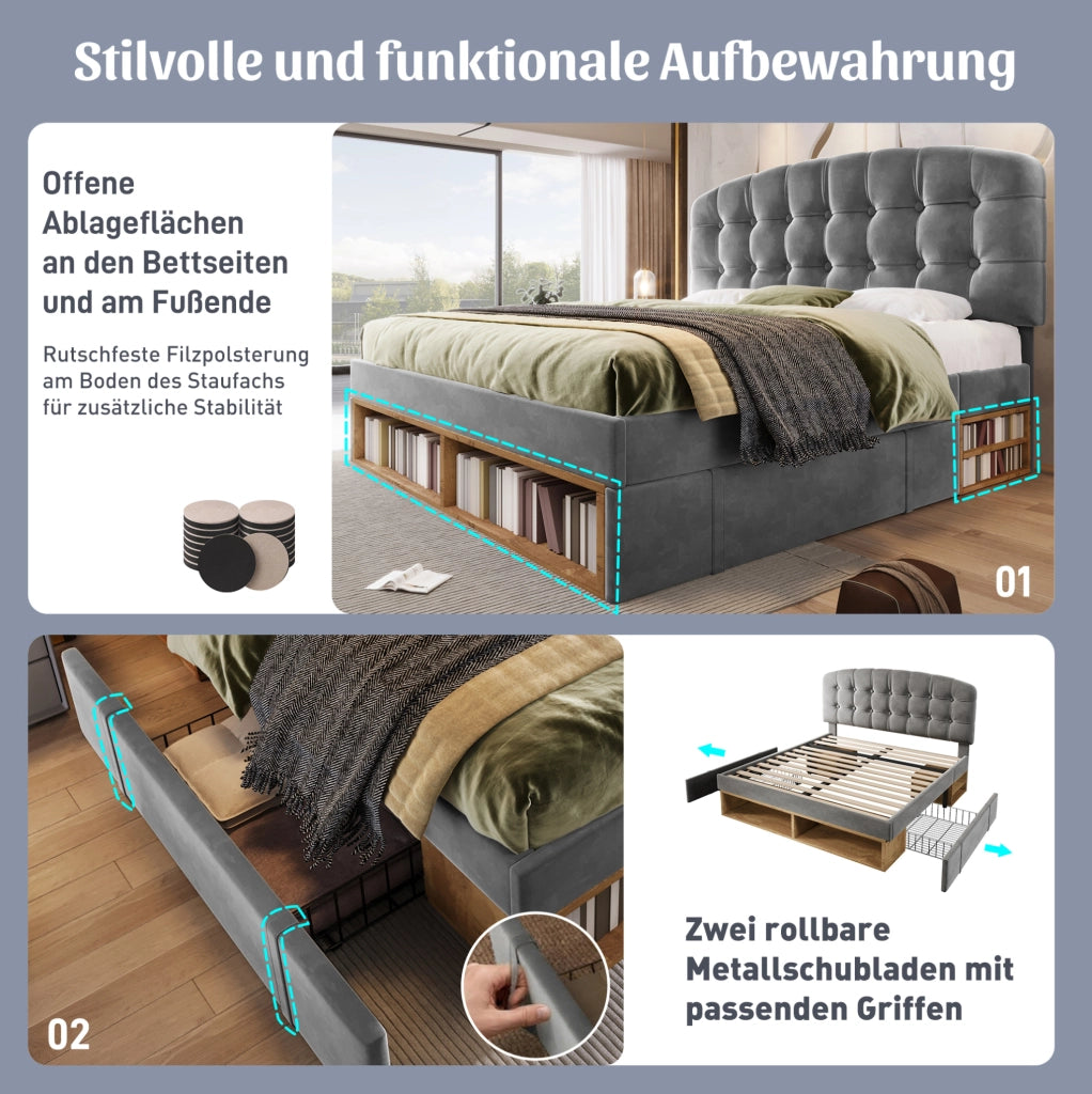Letto imbottito 140x190 cm in velluto grigio con testiera regolabile; doghe; cassetti e vani contenitore