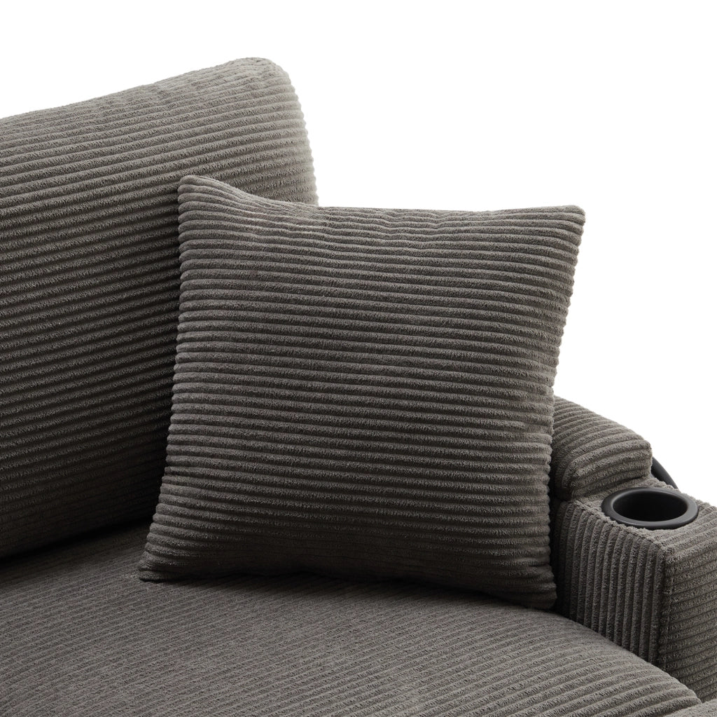 Divano angolare L 213.5x139x87 cm con USB; portaoggetti in corduroy dark gray