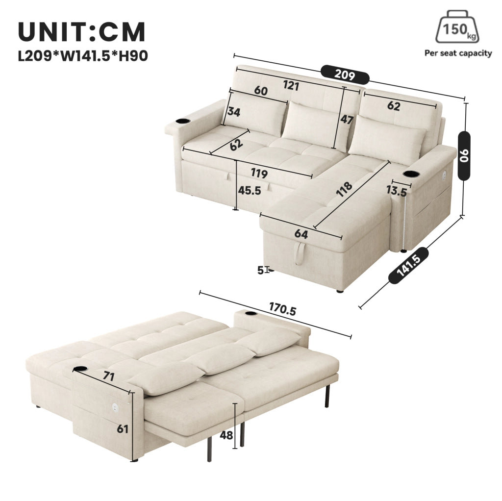 Divano letto angolare 209x141;5x90 cm in ciniglia beige con LED; USB e USB-C