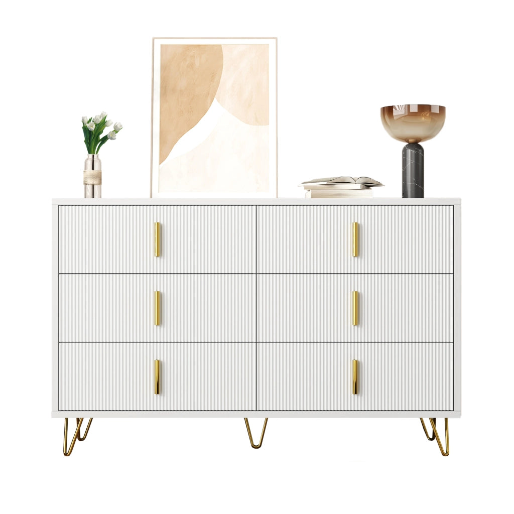Credenza con 6 Cassetti; Frontale Ondulato; Maniglie e Gambe Dorate; Stile Moderno; in Pannello Truciolare; Bianco+Oro; 120??40??77 cm