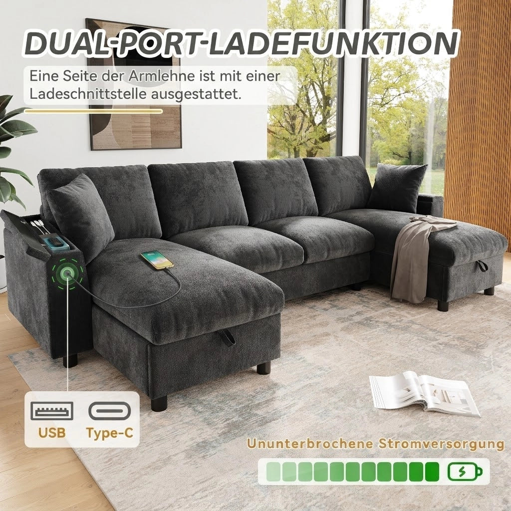 Divano a U con chaise longue e vano contenitore, 1 USB e 1 Type-C, in chenille grigio 279 × 135 × 84 cm