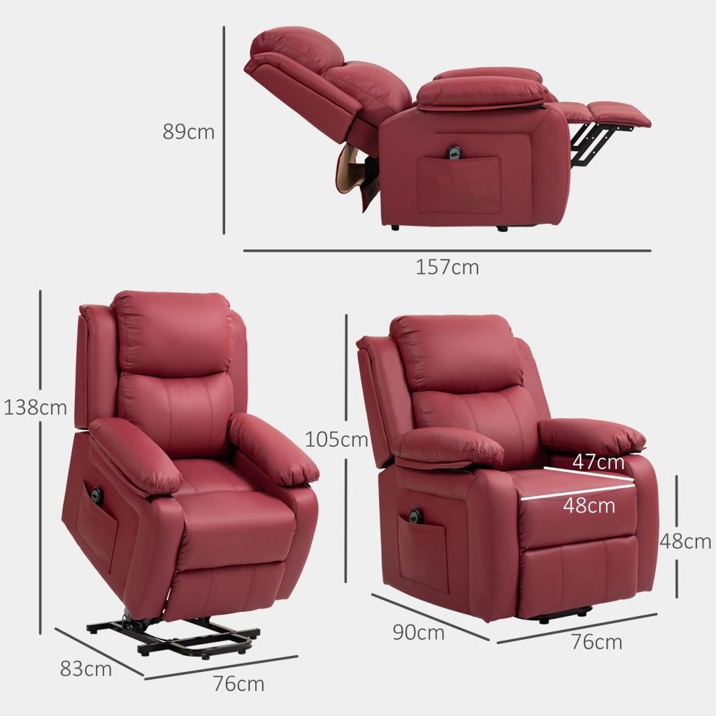 Poltrona Alzapersona Reclinabile con Poggiapiedi e Telecomando, in Pelle PU, 76x90x105 cm, Rosso