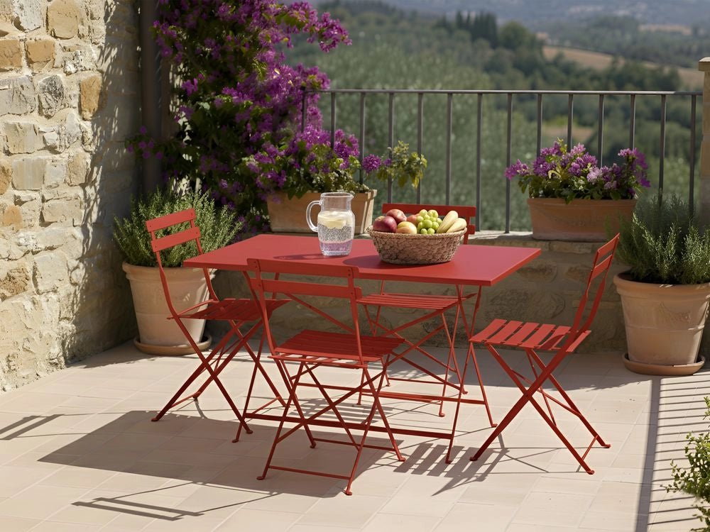 Set da pranzo da giardino con tavolo e sedie in acciaio rosso, contenitore pieghevole