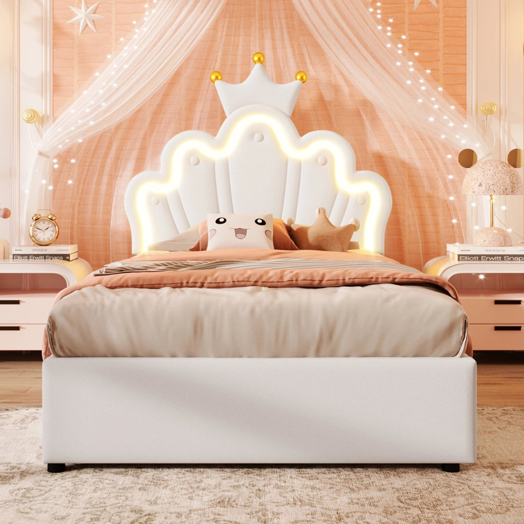 OKWISH Letto Contenitore 90×200 cm, Letto Singolo con LED Multicolore, Testiera Regolabile e Apertura Idraulica, senza Materasso, PU Bianco