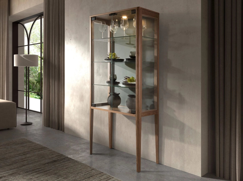 Credenza alta in vetro temperato e noce con illuminazione interna