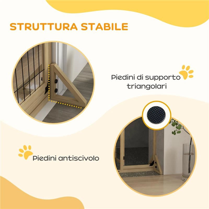 CANCELLETTO PER CANI ESTENSIBILE CON PORTA E 2 PANNELLI, PIEDINI TRIANGOLARI, 112-159X70 CM, LEGNO NATURALE