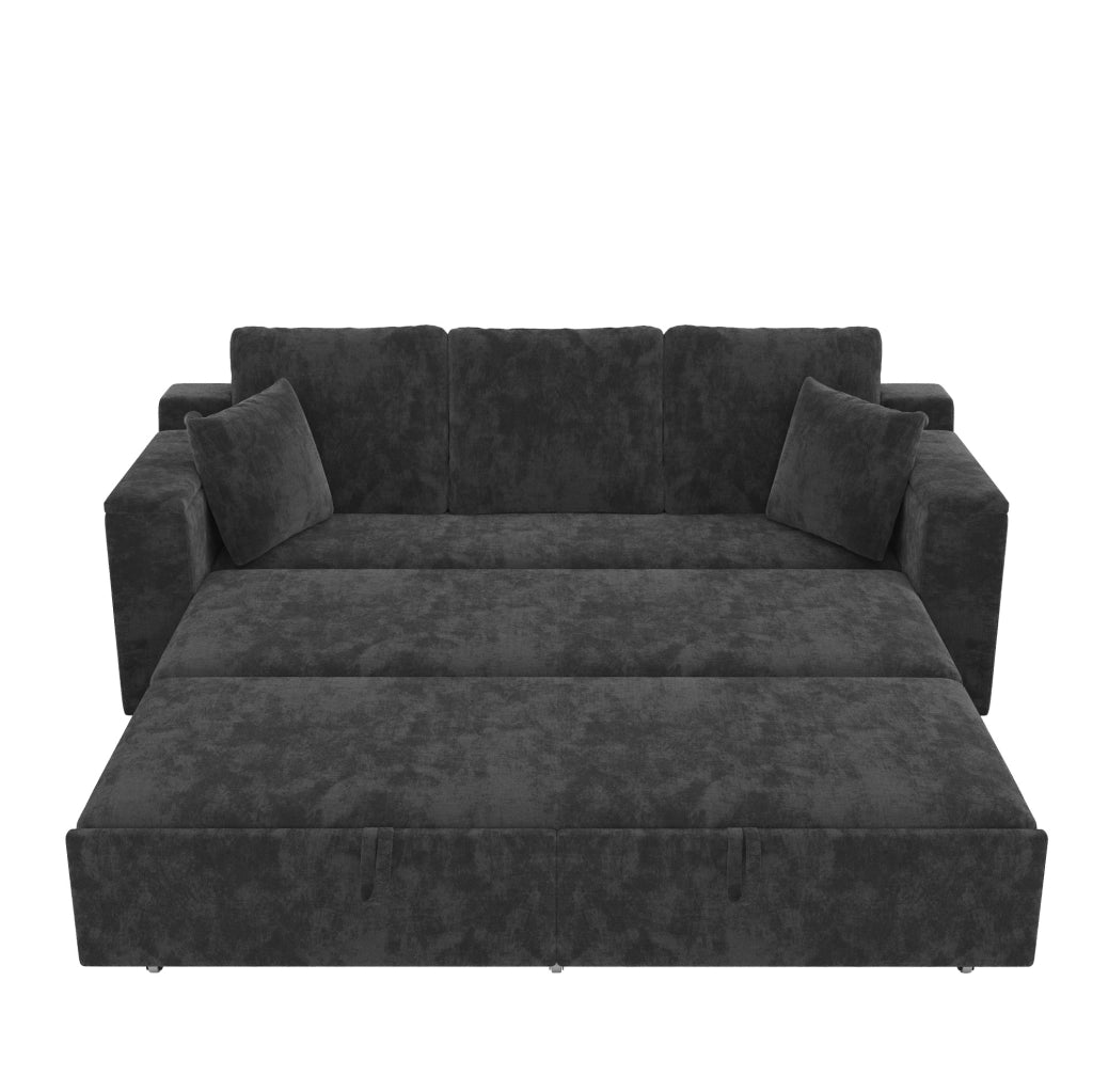Divano letto 3 posti trasformabile in chenille grigio con struttura in metallo e porta USB