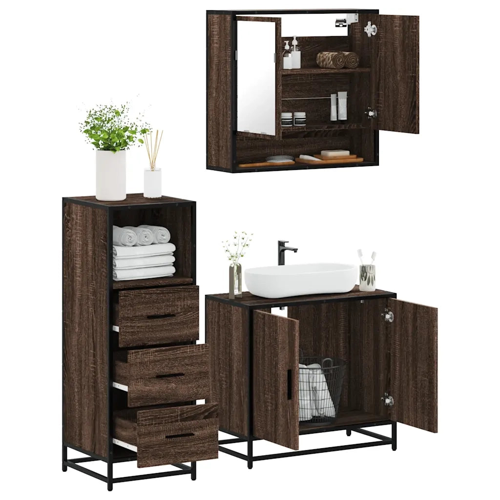 Set Mobili da Bagno 3 pz Rovere Marrone in Legno Multistrato