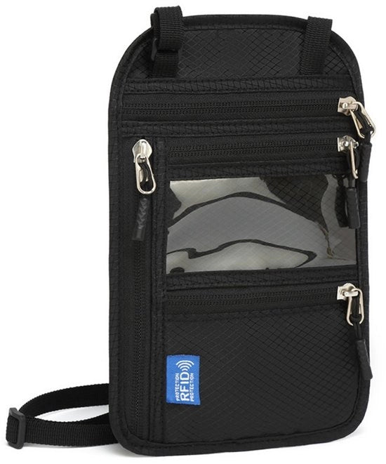 Portamonete per viaggiatore con protezione RFID, portamonete acqua resistente, portamonete per documenti di identità, tasca portamonete con cinturino regolabile, dimensioni 15x0,5x24cm