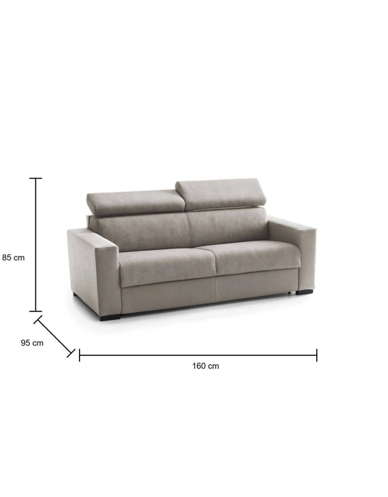 Divano Letto Alinia, Divano a 2 posti, Made in Italy, SofÒ  Soggiorno con apertura girevole, con poggiatesta regolabili e Braccioli slim, cm 160x95h85, Tortora