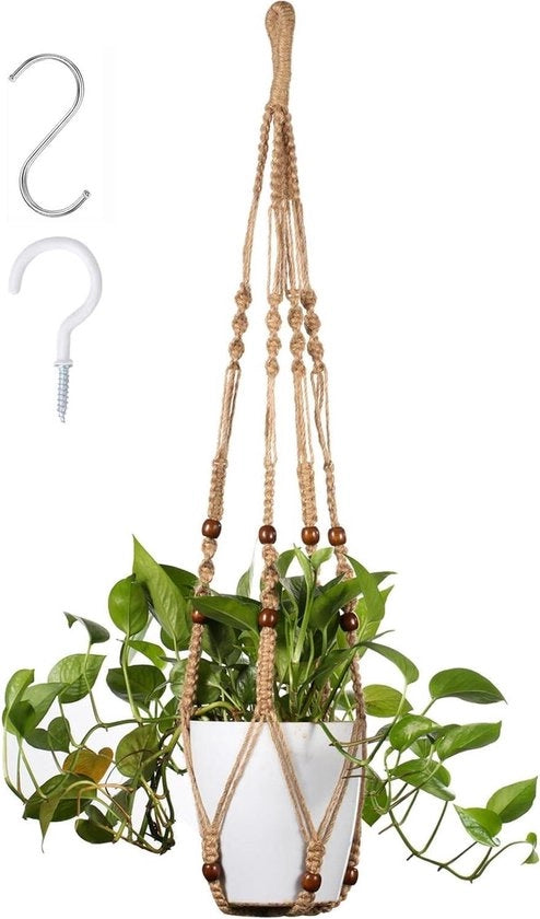 Fioriera a Maglia Macrame con Cordoncino di Cotone per Piante - Decorazione Interna ed Esterna con Ganci (Marrone)