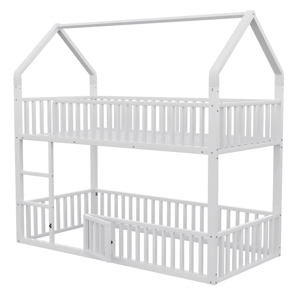 Letto a castello in metallo 90x200 cm con scala frontale e porta apribile; bianco