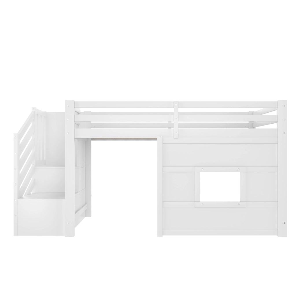 Letto a soppalco 90x200 cm con scala contenitore; finestra e LED in MDF; pino; compensato bianco