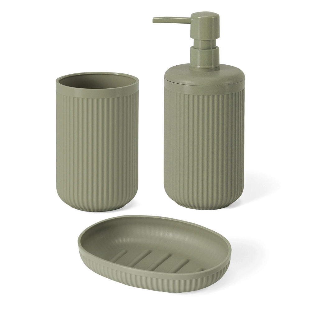 Set accessori bagno 3 pz con dispenser portaspazzolino e portasapone verde cannettato Arizona