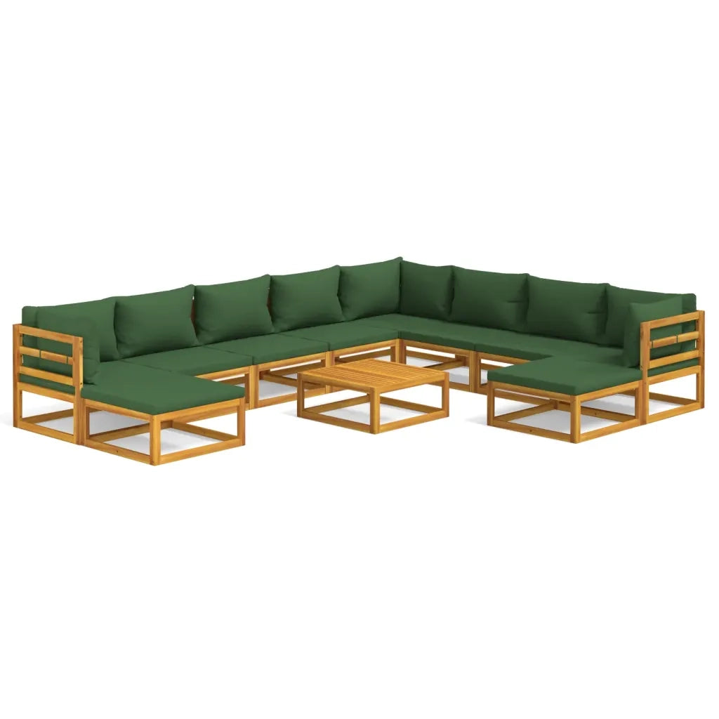 Set Salotto da Giardino 11pz con Cuscini Verdi Legno Massello 3155324