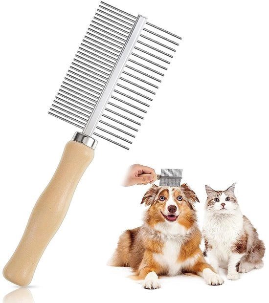 Kam per Cani e Gatti in Legno - Doppia Lama - Borbottino per Vlooien - Rasoio per Cani e Gatti - Metalliche Denti a Punta Rotonda - Adatto per Capelli di Media a Lunghezza - Kam per Animali