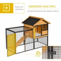 Gabbia per Conigli con Casetta, Rampa e Area Aperta, Conigliera in Legno e Metallo Giallo Chiaro, 122x63x92cm