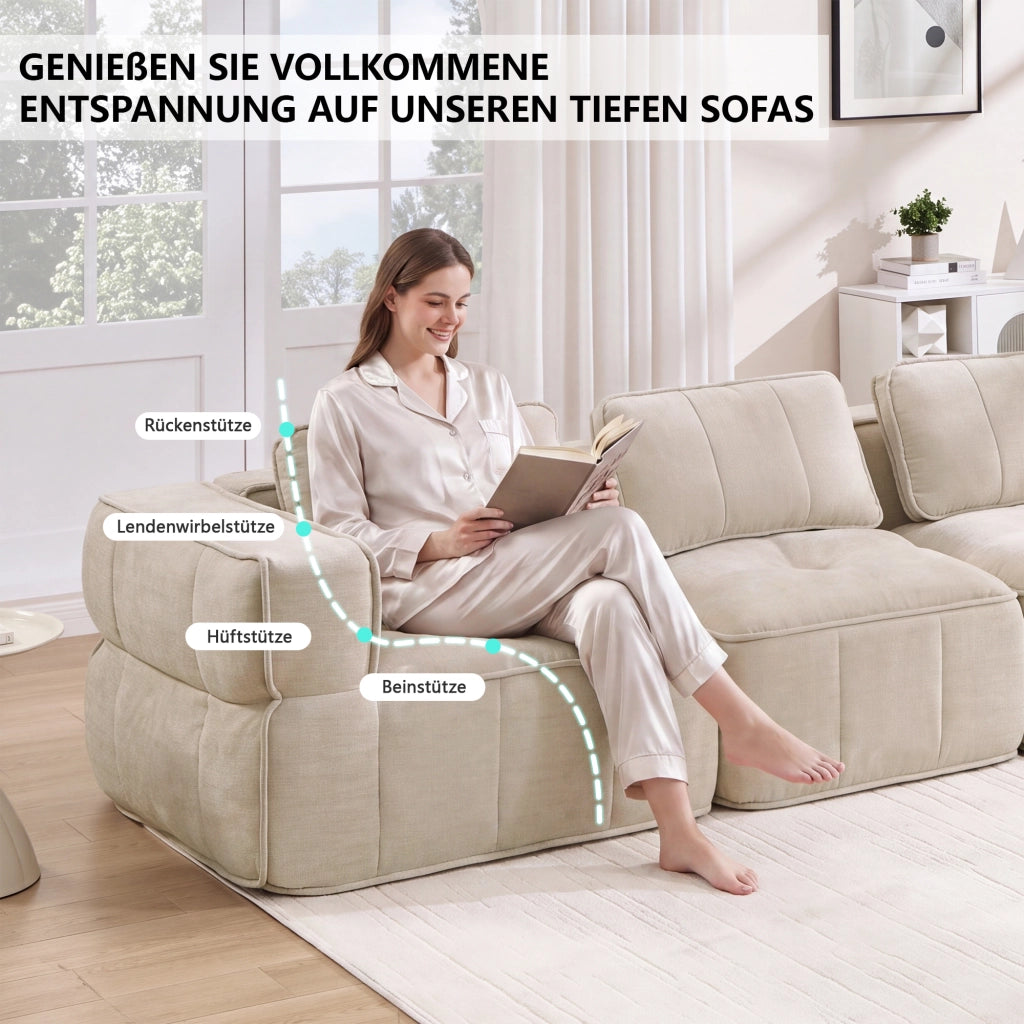Divano modulare 2 posti con seduta profonda design senza telaio e braccioli ampi in poliestere beige 198 × 93 × 67 cm
