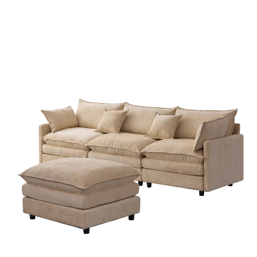 Divano angolare 3 posti con chaise longue e pouf modulare in chenille caffè chiaro