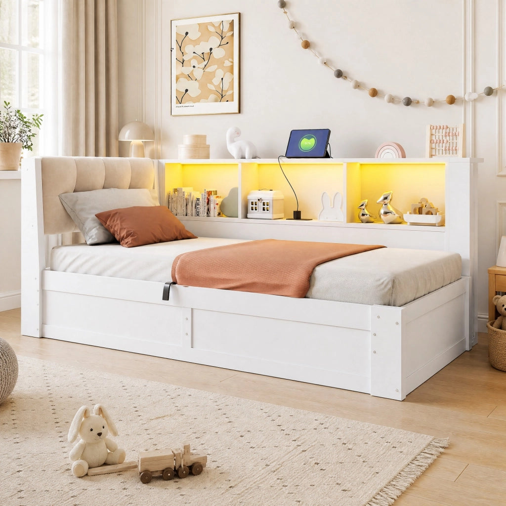 Letto singolo 90x200 cm con contenitore laterale; USB; LED e ripiano; bianco