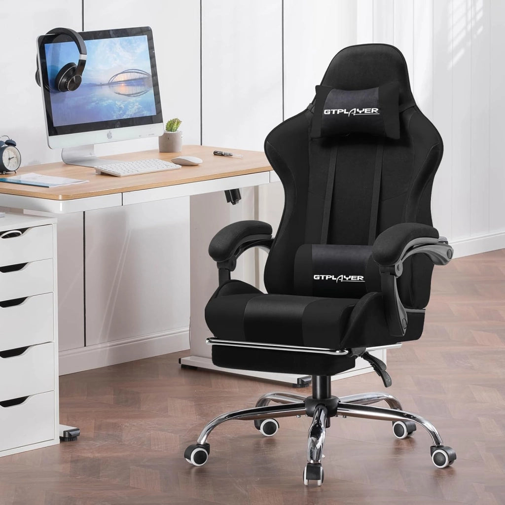 Sedia da ufficio da gaming, in tessuto, ergonomica, con poggiapiedi, poggiatesta lombare, imbottita, sedia girevole