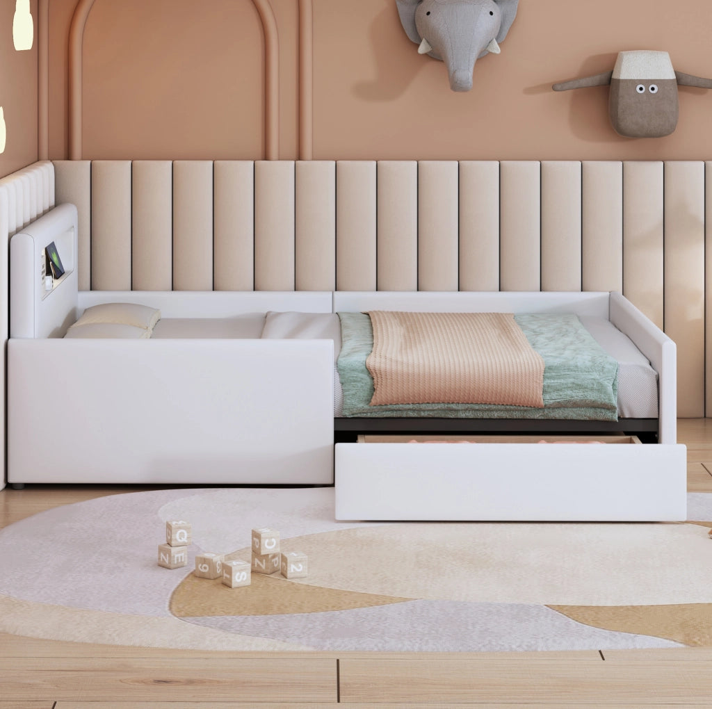 Letto imbottito bambini 90x200 cm bianco similpelle con USB e luce notturna