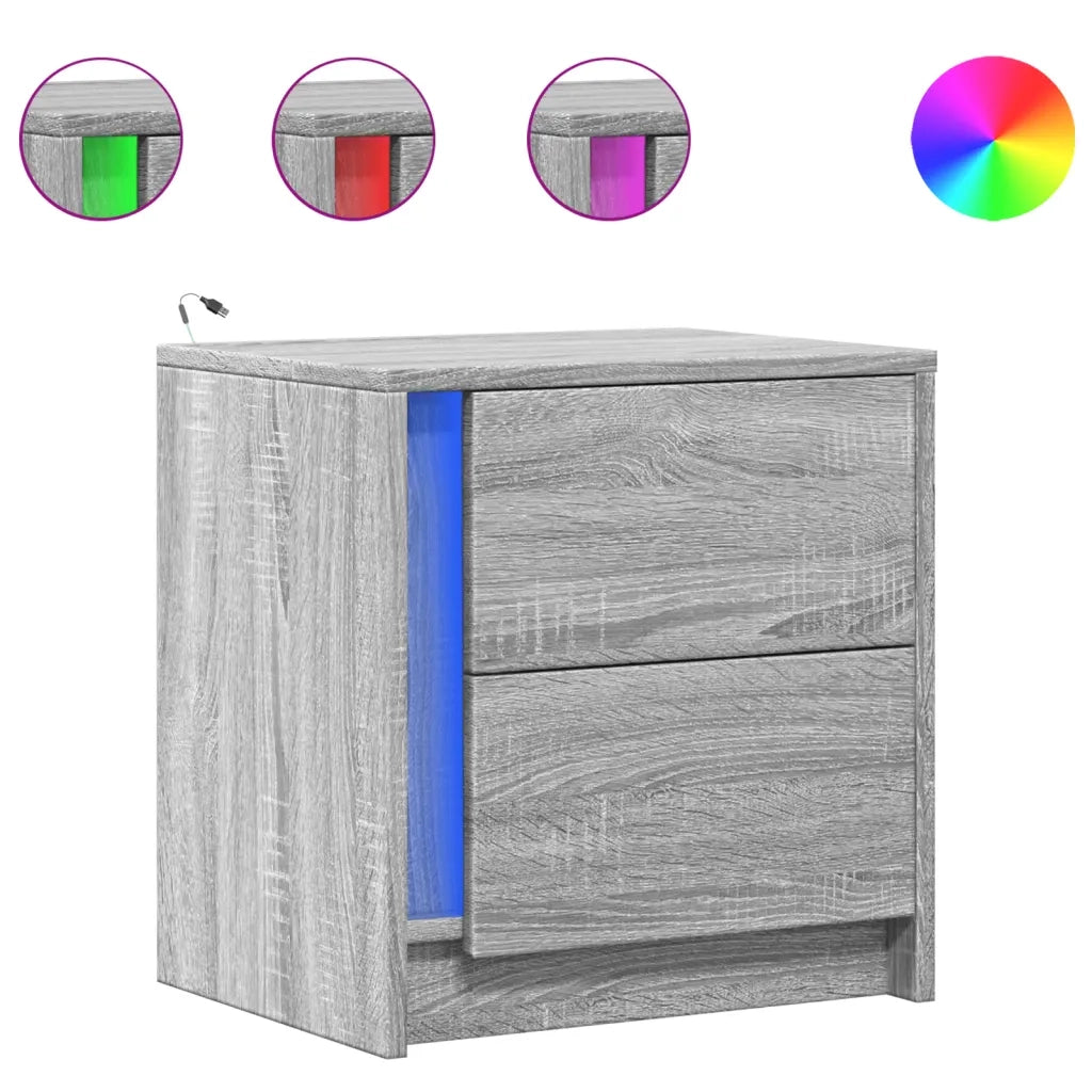 vidaXL Comodini con Luci LED 2pz Grigio Sonoma in Legno Multistrato