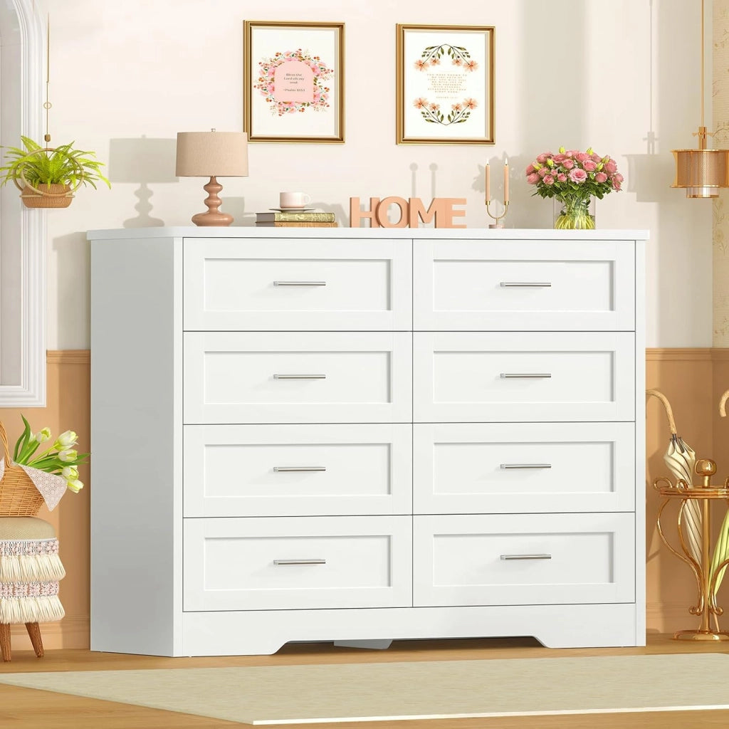 Cassettiera Camera da Letto, Settimino con 8 Cassetti - Comò Bianco Moderno e Salvaspazio, Ideale per Soggiorno e Ingresso, 107x35x96.5 cm