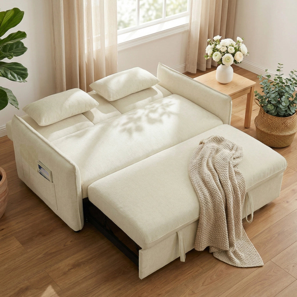 Divano letto 2 posti 3 in 1 ¨C zephmum ¨C beige in tessuto chenille con schienale regolabile e porta bicchieri