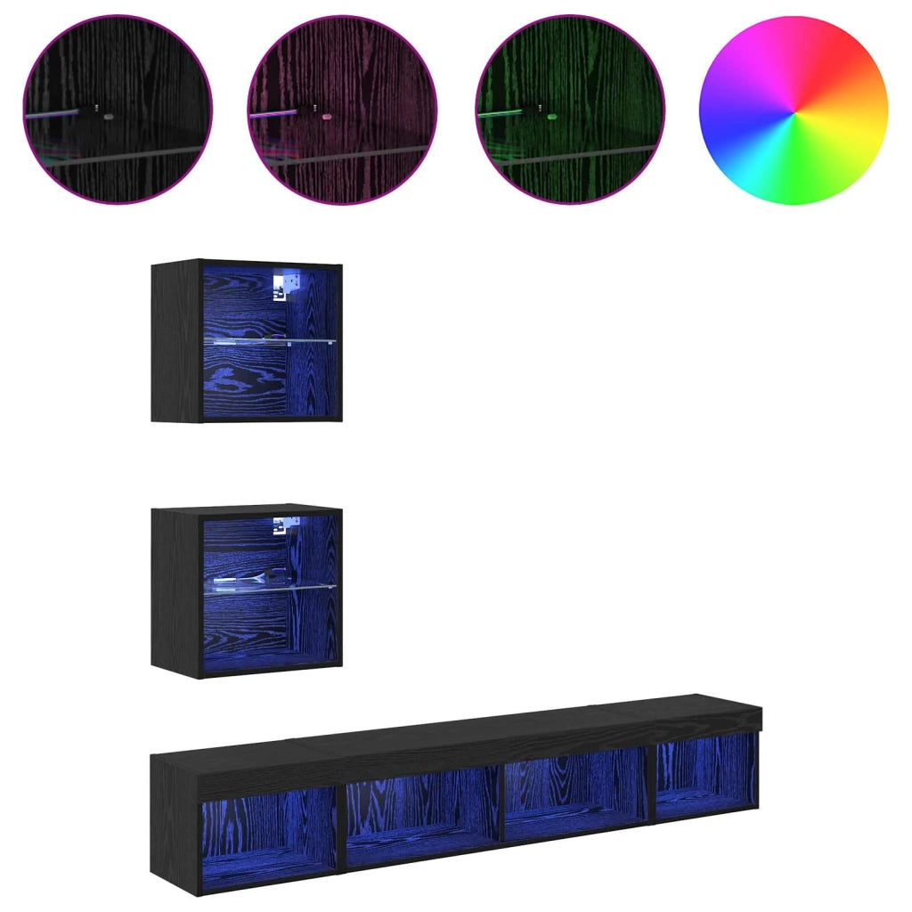 Unità a muro per TV con LED 5 pcs Rovere Nero Legno multistrato