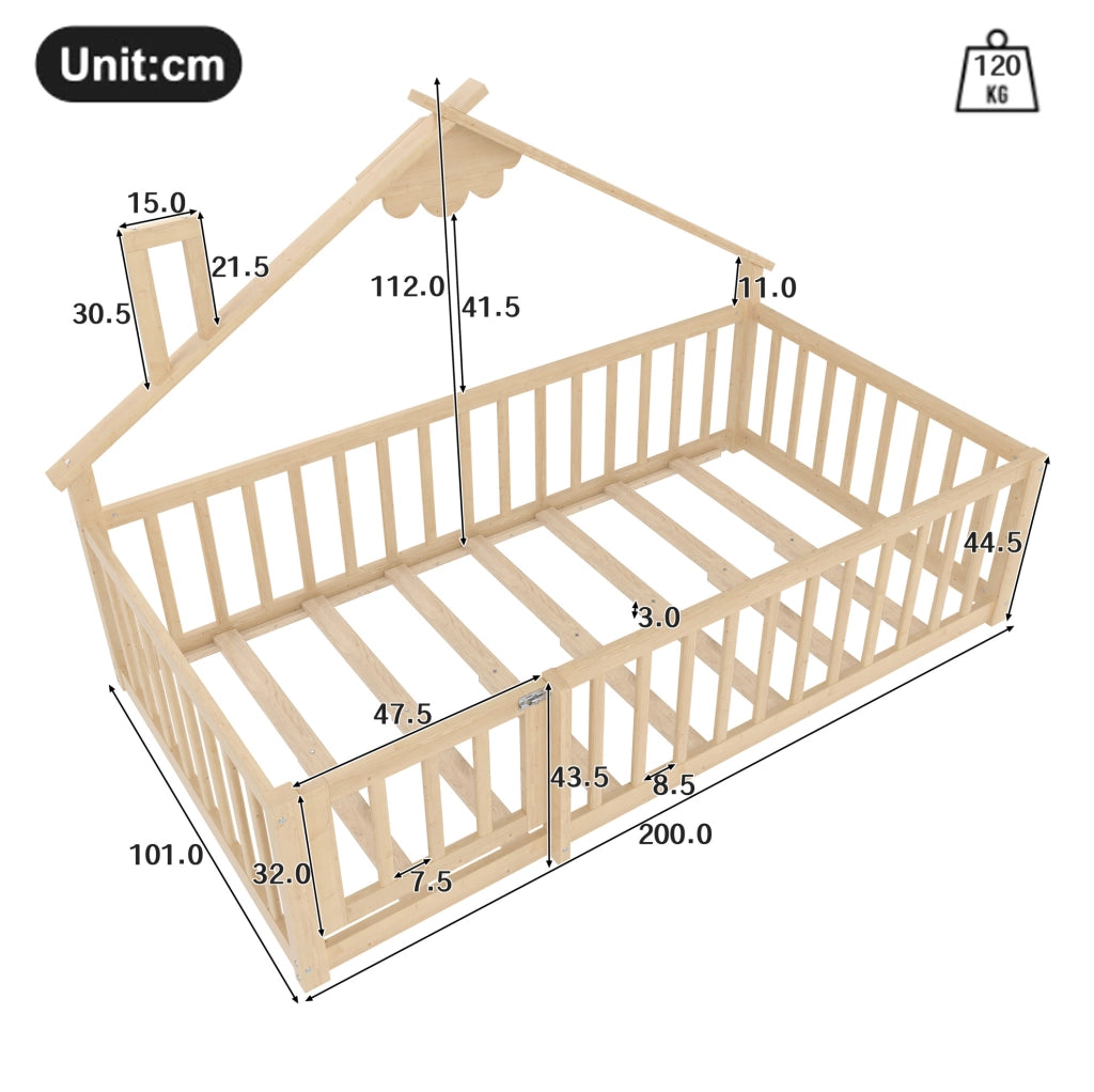 Letto per bambini 90x190 cm a forma di casetta in legno naturale