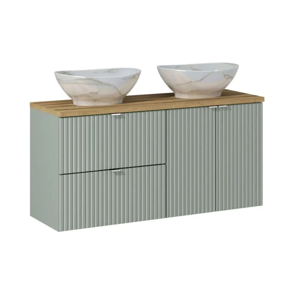 Insieme ELVINA 120cm: mobili sotto lavabo con cassetti e armadietti + piano per lavabo + due lavabi da appoggio marmorizzati
