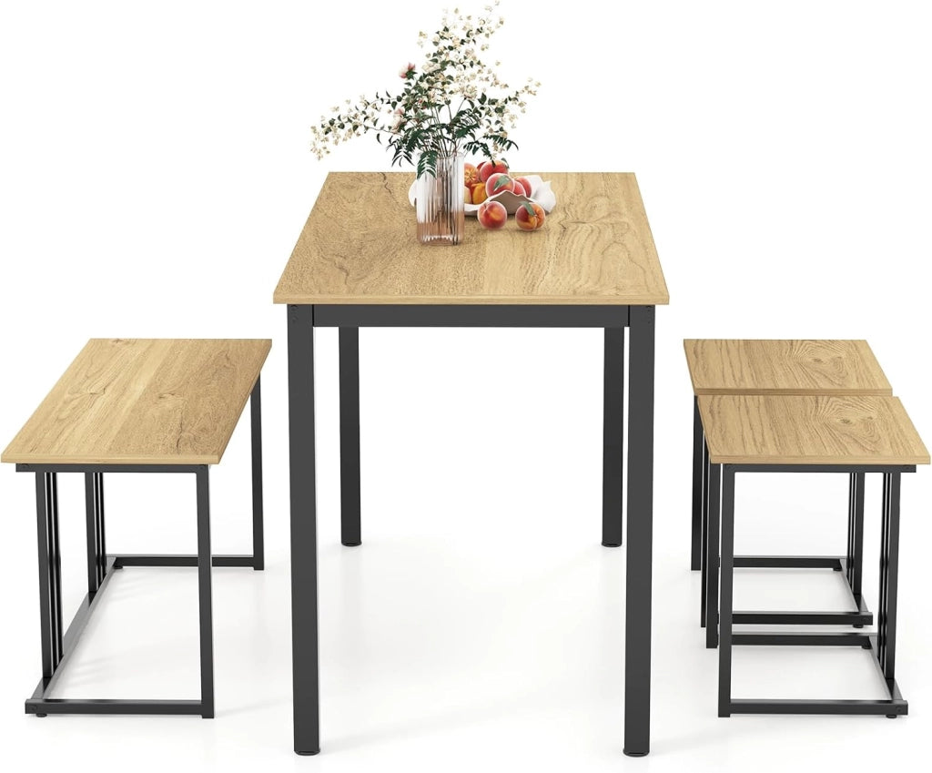 Set tavolo e sedia da pranzo 4 pezzi, tavolo da cucina 4 persone 120 x 60 x 75 con 1 panca e 2 sgabelli, struttura in metallo, per sala da pranzo, soggiorno, caffè (naturale)